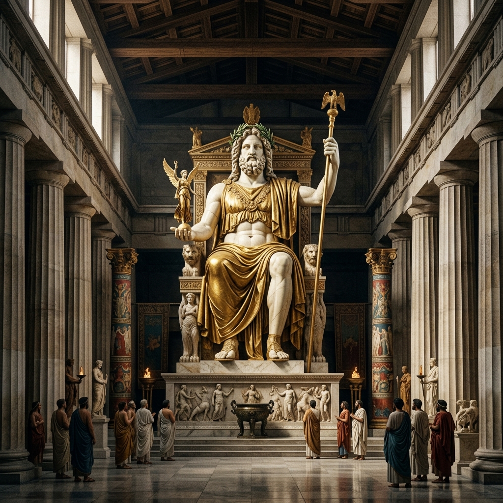 Colosal estatua de Zeus en el Templo de Olimpia, una de las Siete Maravillas del Mundo Antiguo