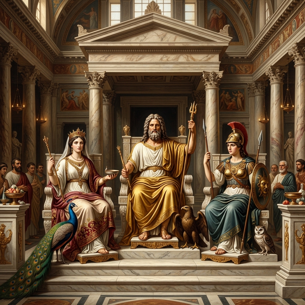 Hera como Juno, reina del Olimpo, junto a Júpiter y Minerva en la Tríada Capitolina