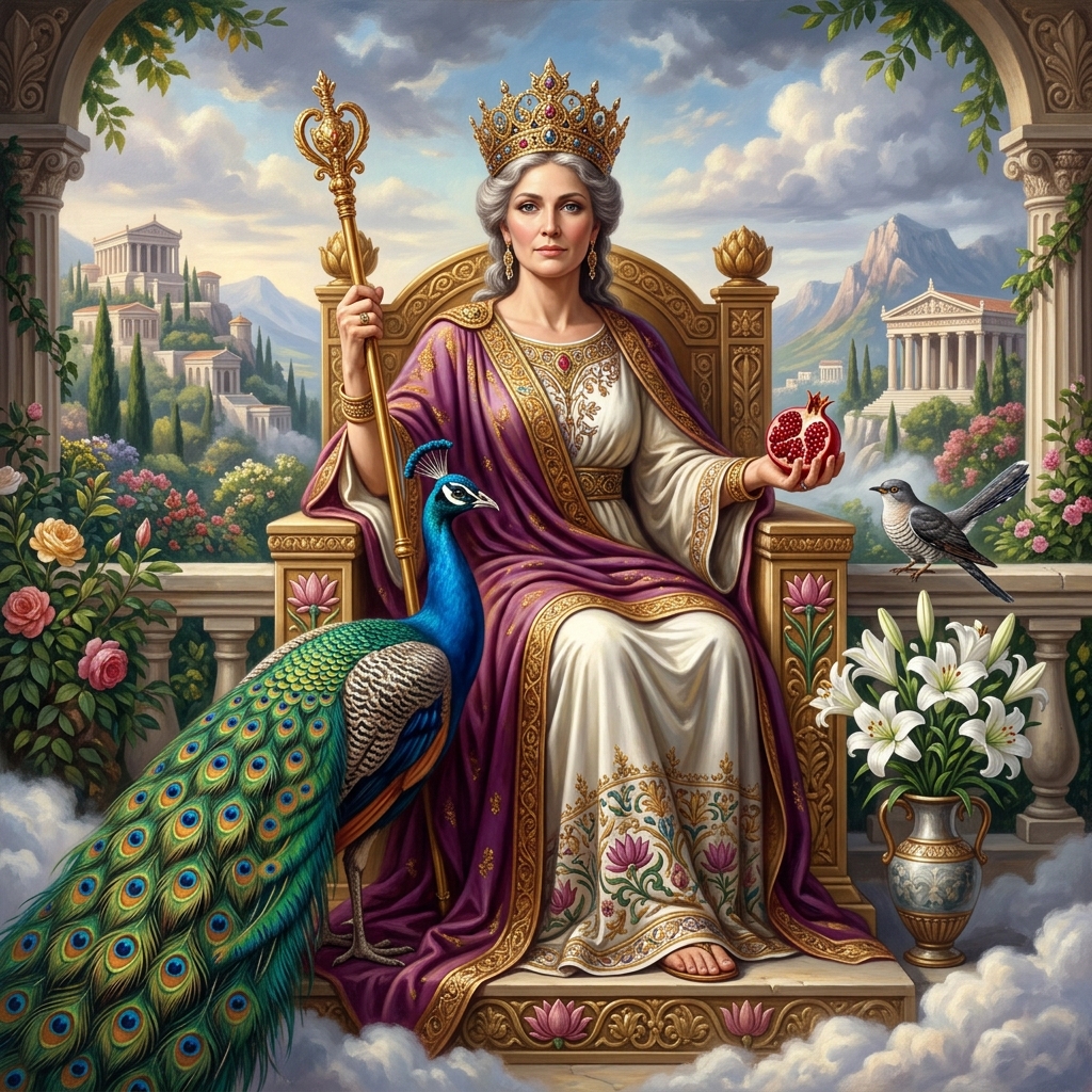 Hera, diosa del matrimonio y reina del Olimpo, con corona, cetro, granada, pavo real y lirio.