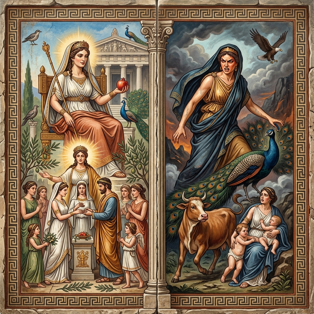 Hera, diosa del matrimonio y reina del Olimpo, como celosa diosa protectora de las mujeres y del parto