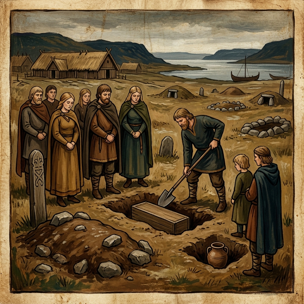 Representación histórica de un entierro vikingo sencillo en una fosa o en una cámara de piedra, sin barco funerario.