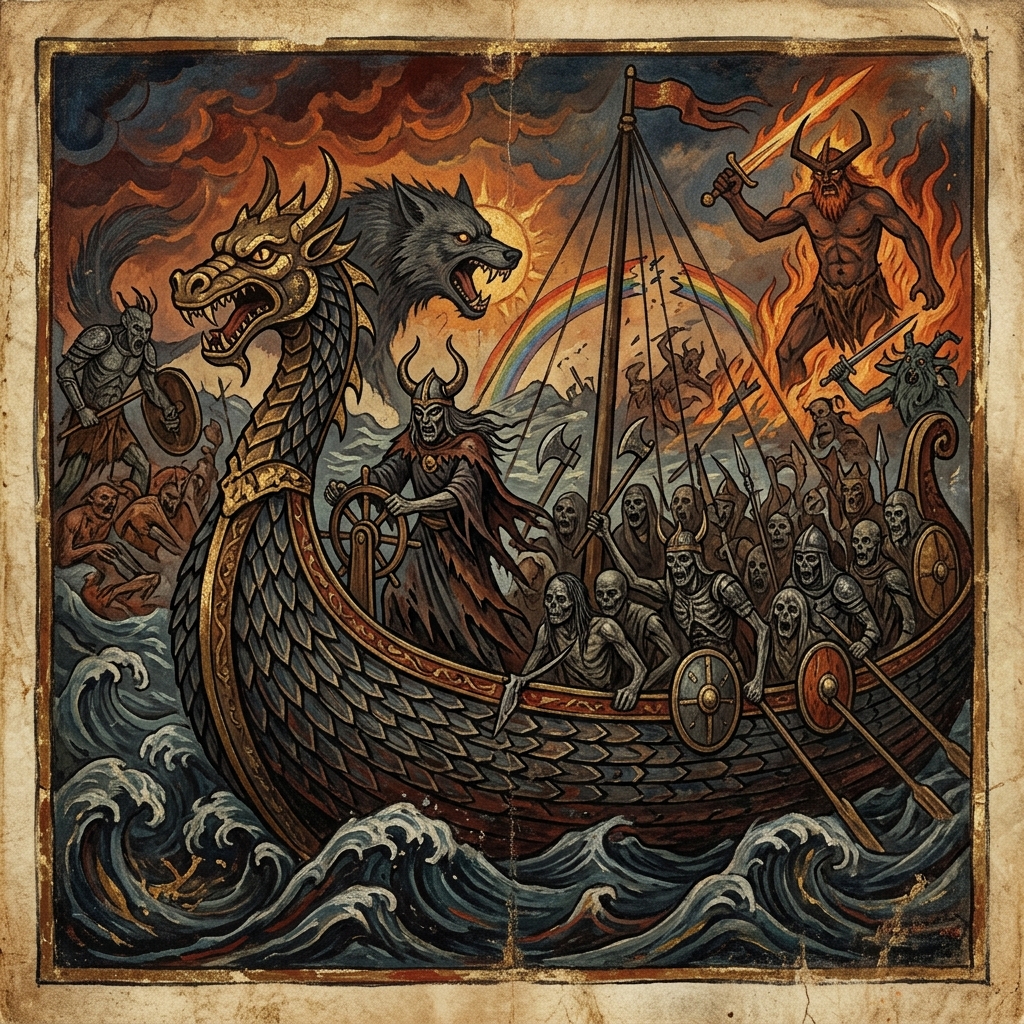 Representación histórica del Naglfar, el barco de los muertos de la mitología nórdica, que aparece durante el Ragnarök