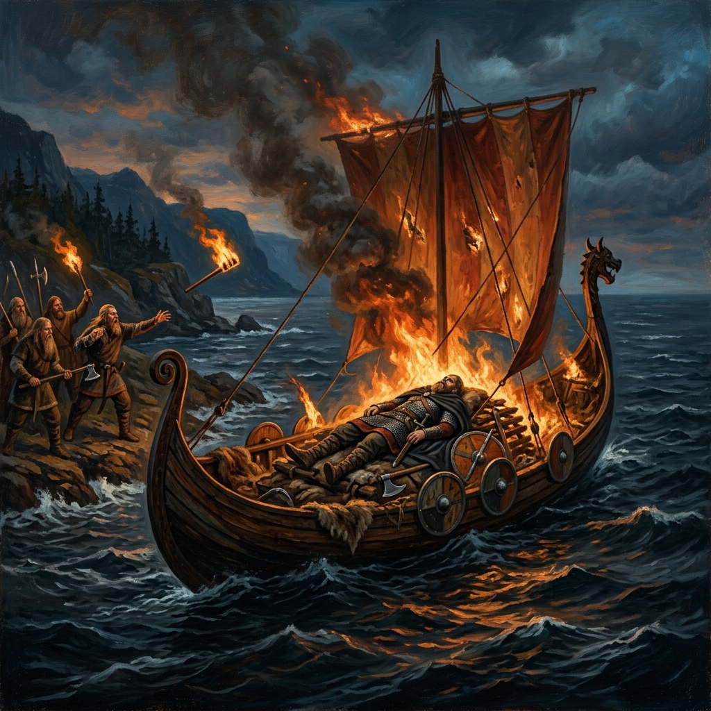 Guerreros vikingos en un barco largo en llamas durante un funeral marítimo; las antorchas encienden la vela