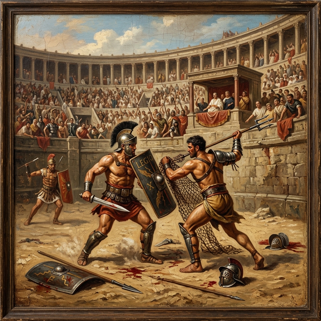 Representación antigua de un combate de gladiadores en la arena: escena de «Pollice verso»