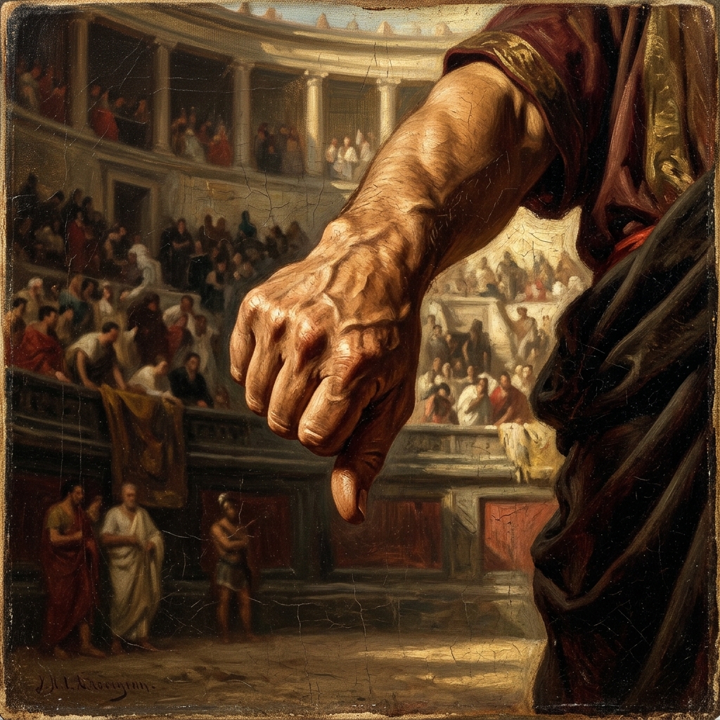 Representación antigua de un pulgar apuntando hacia abajo como símbolo del «pollice verso» en las luchas de gladiadores