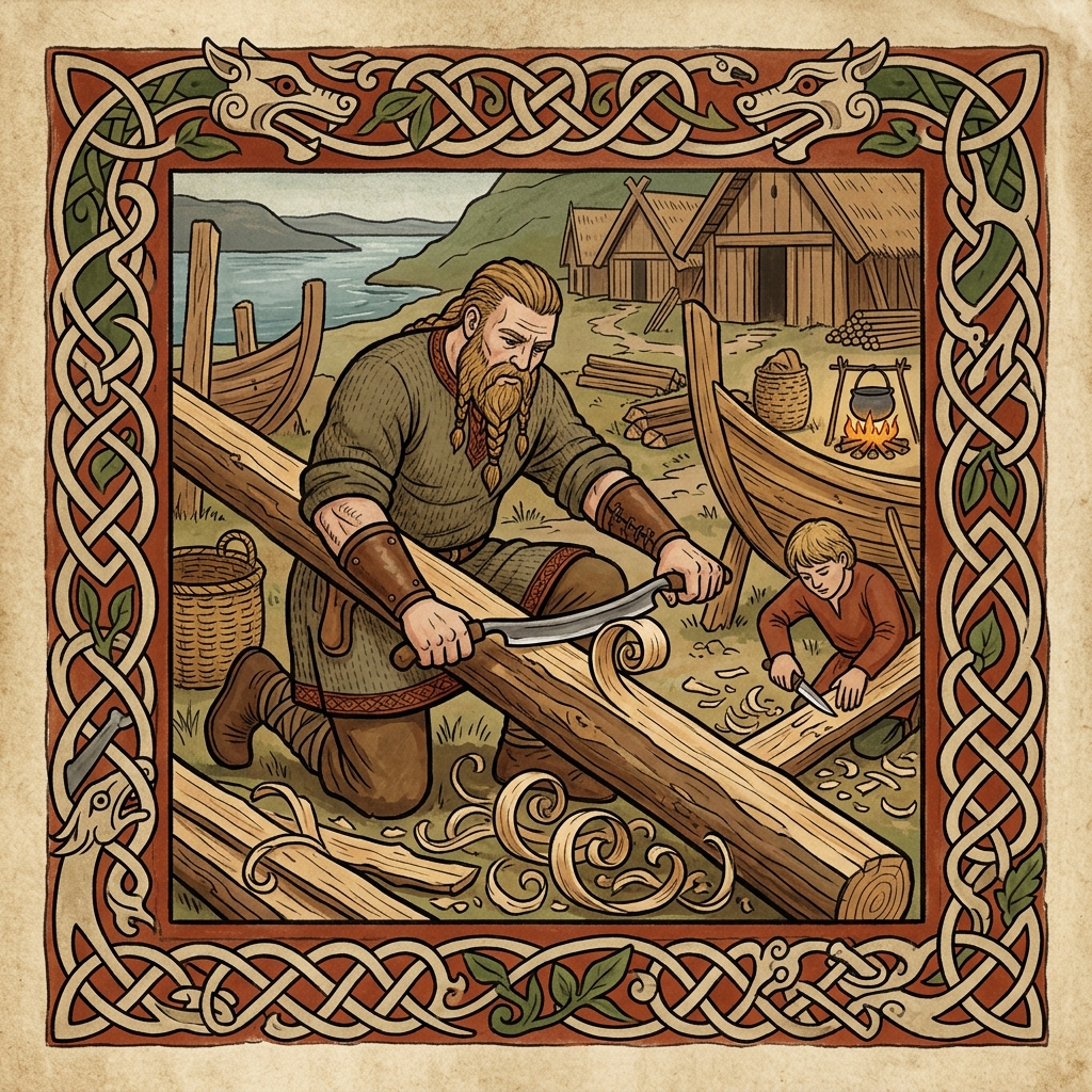 Un vikingo pela la corteza de la madera para fabricar un bastón rúnico con un cuchillo de tallar.