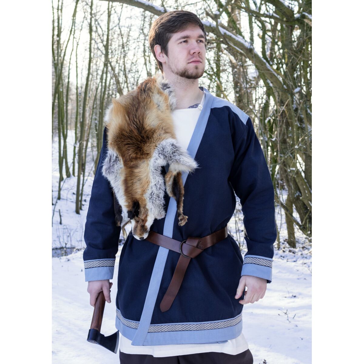 Bjorn falda con solapa, abrigo vikingo con ribete, azul oscuro L