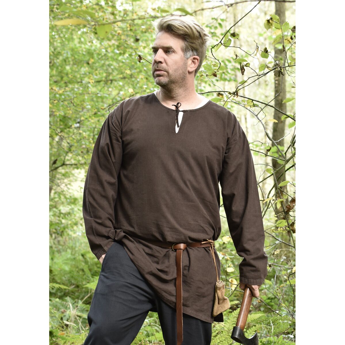 Túnica medieval sencilla Gunther, mangas largas, marrón, talla S
