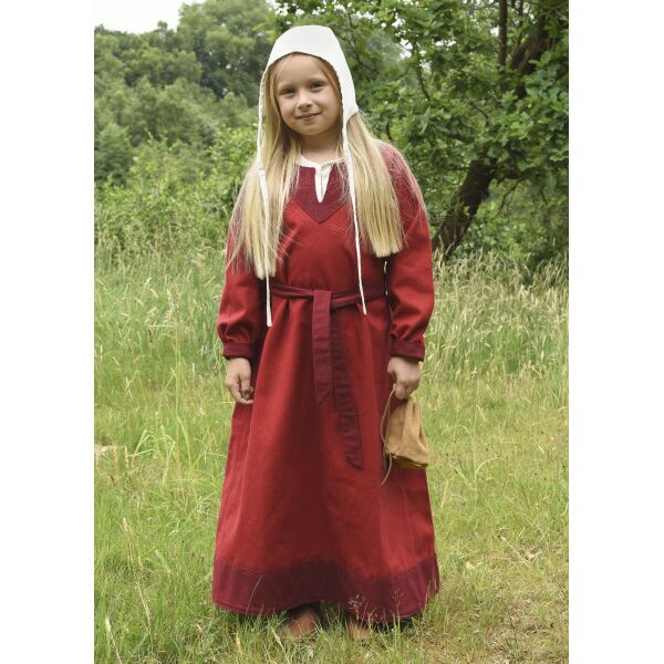 Vestido vikingo infantil Solveig, manga larga, rojo/burdeos