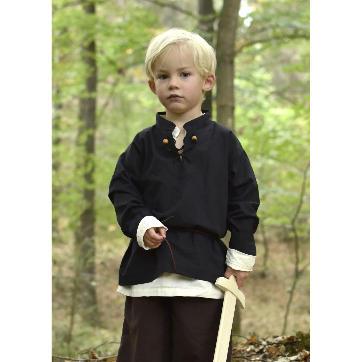 Camisa medieval infantil Colin, con cordón, negra talla 164