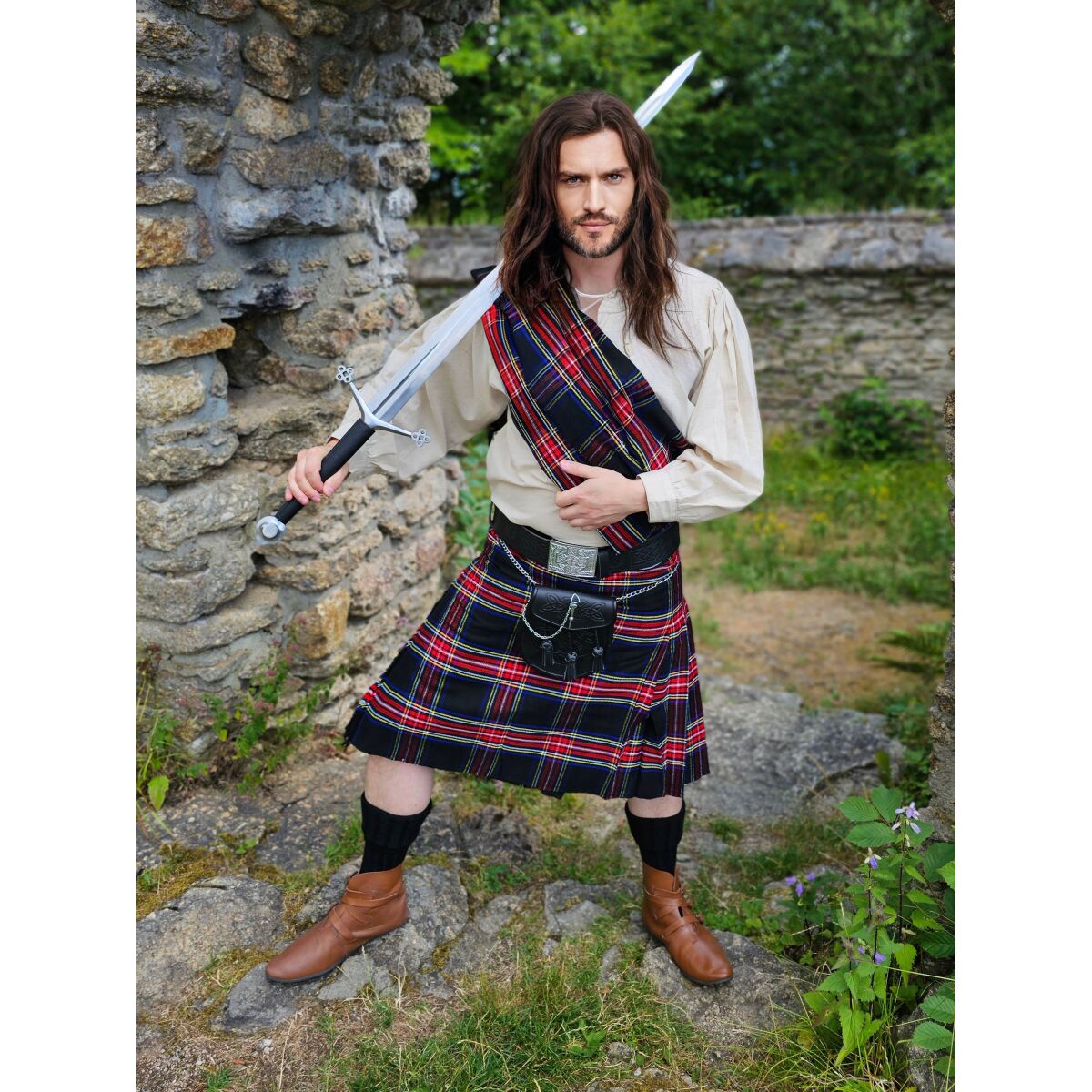 Falda de tartán, kilt de 8 yardas, tartán negro Stewart XXL