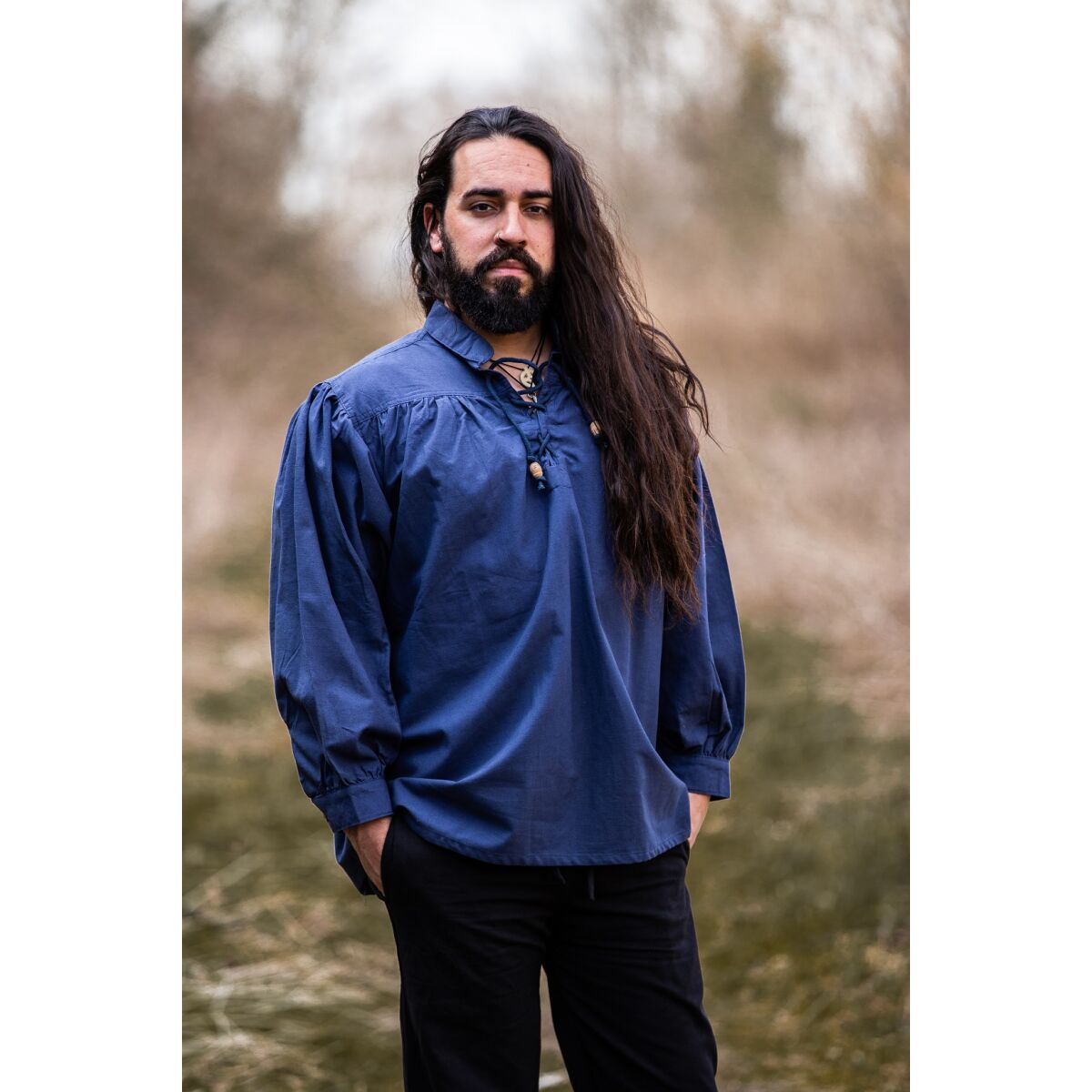 Camisa medieval con cordones azul "Friedrich" L