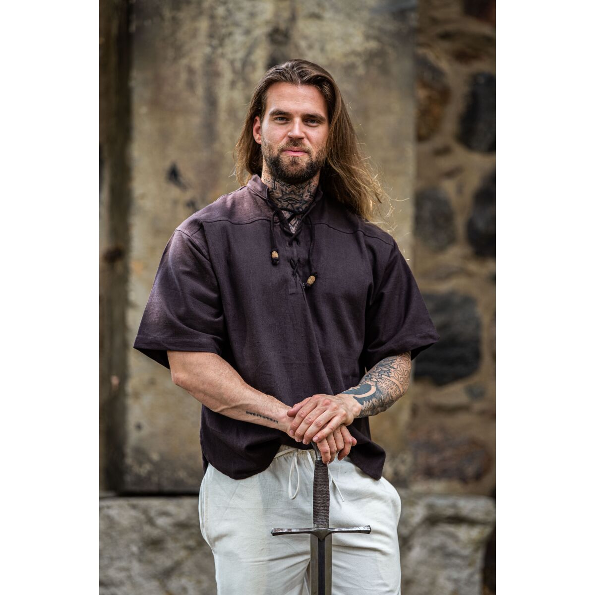 Camisa medieval manga corta marrón "Eric" XXL
