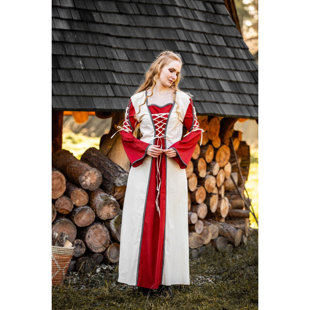 Vestido medieval naturaleza/rojo "Amalia" M