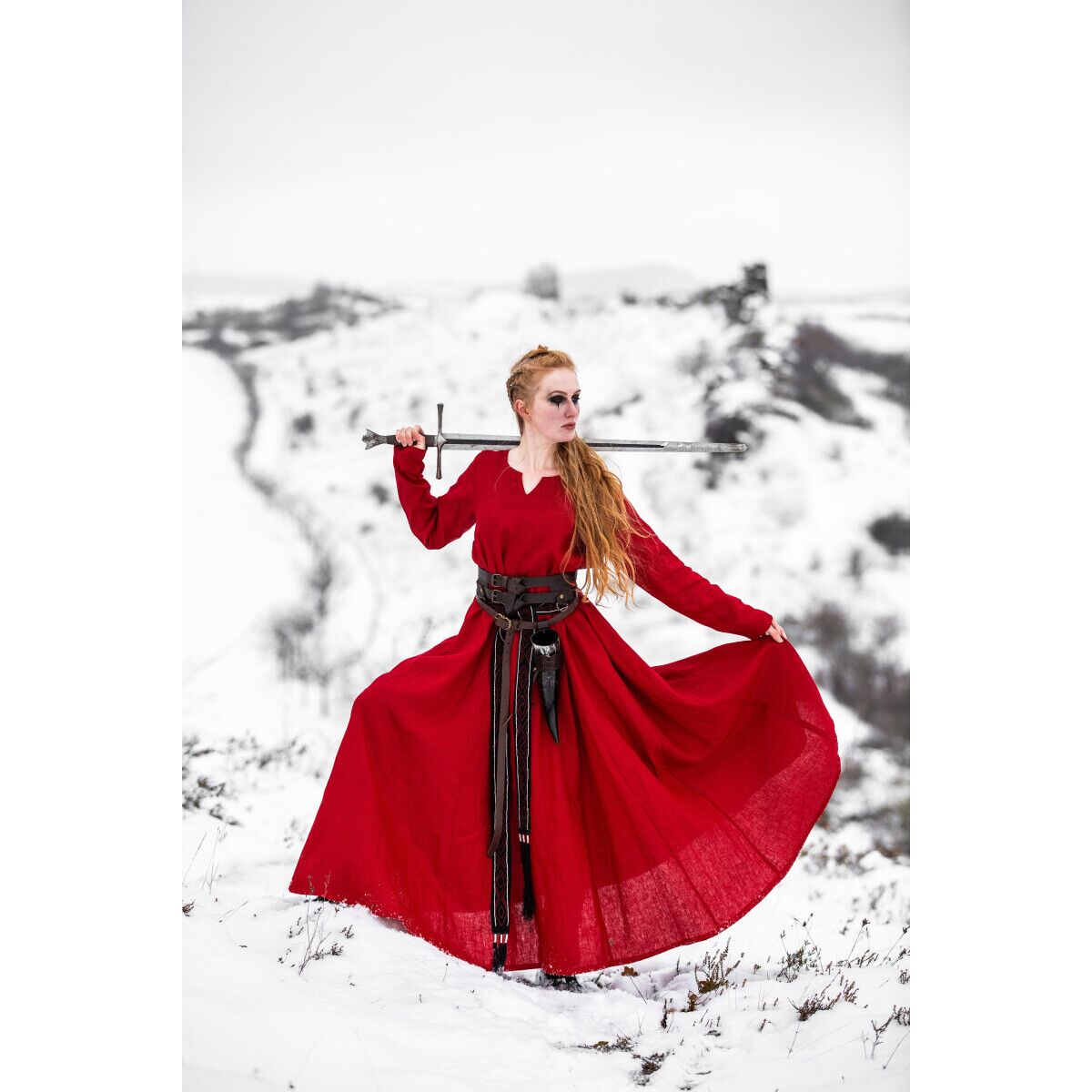Vestido vikingo 100% lino rojo "Anna" L