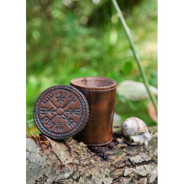Cubilete de piel para dados con tapa, repujado Vegvisir, marrón