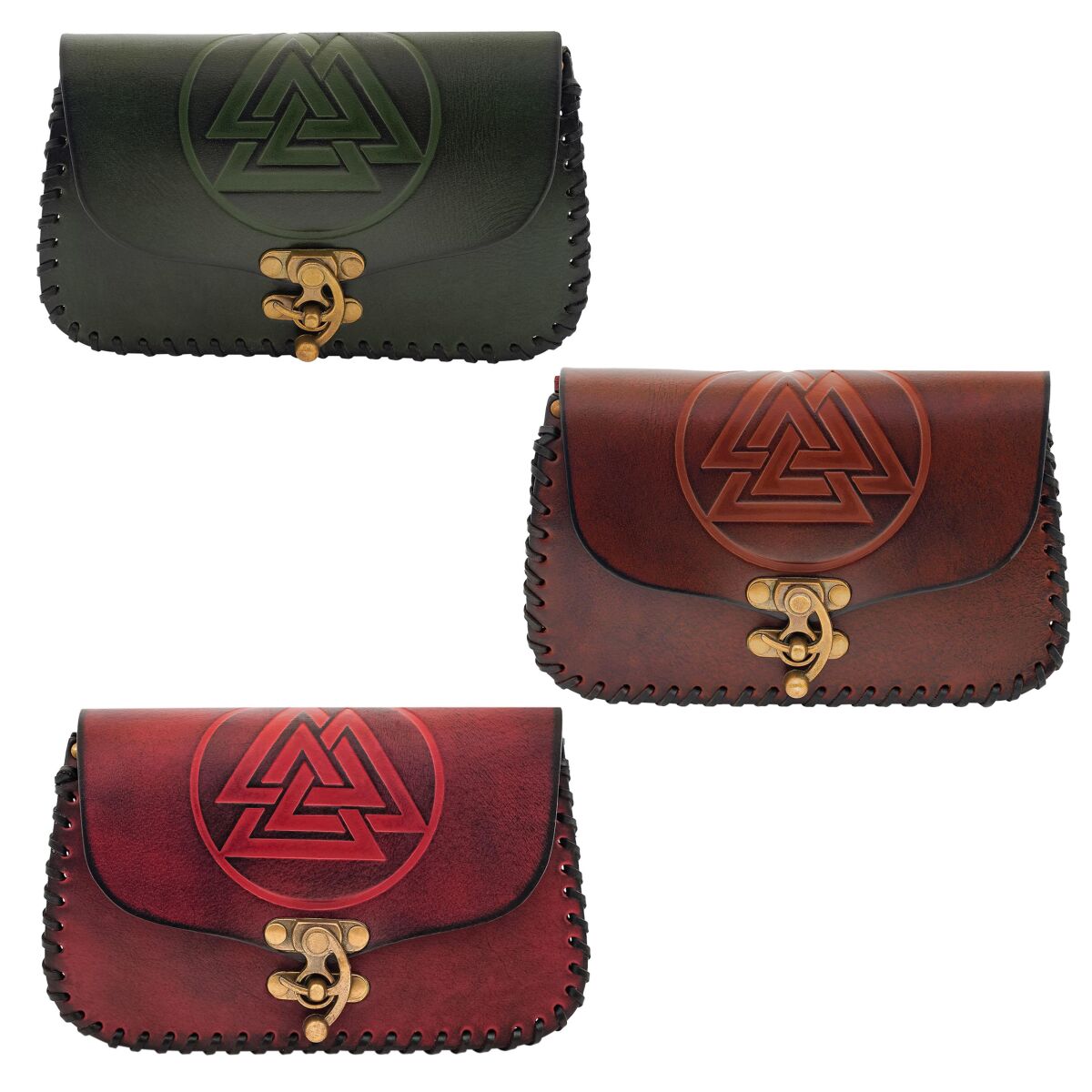 Bolso de cuero profundo con el símbolo Valknut y borde trenzado