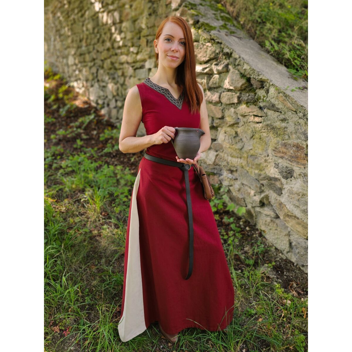 Vestido medieval con cordón sin mangas rojo / naturaleza "Juta" L
