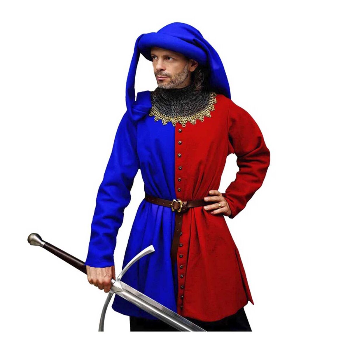 Houppelande de lana medieval tardía Siglo XIV-XV rojo/azul XXL