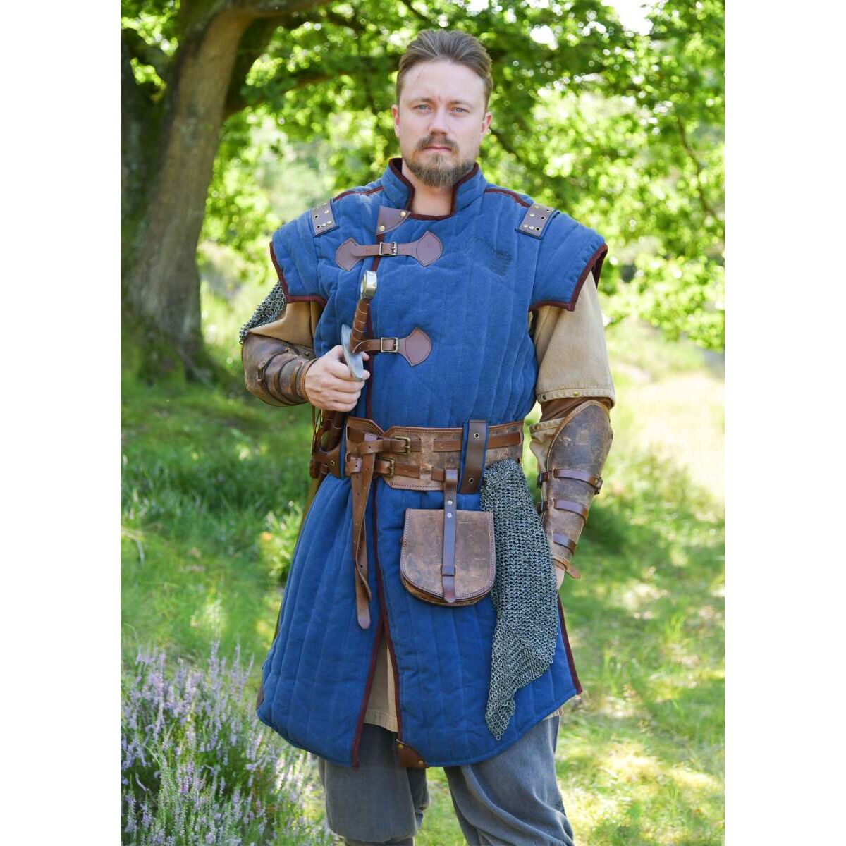 Gambesón medieval aspecto usado, azul - marrón "Vari" XXL
