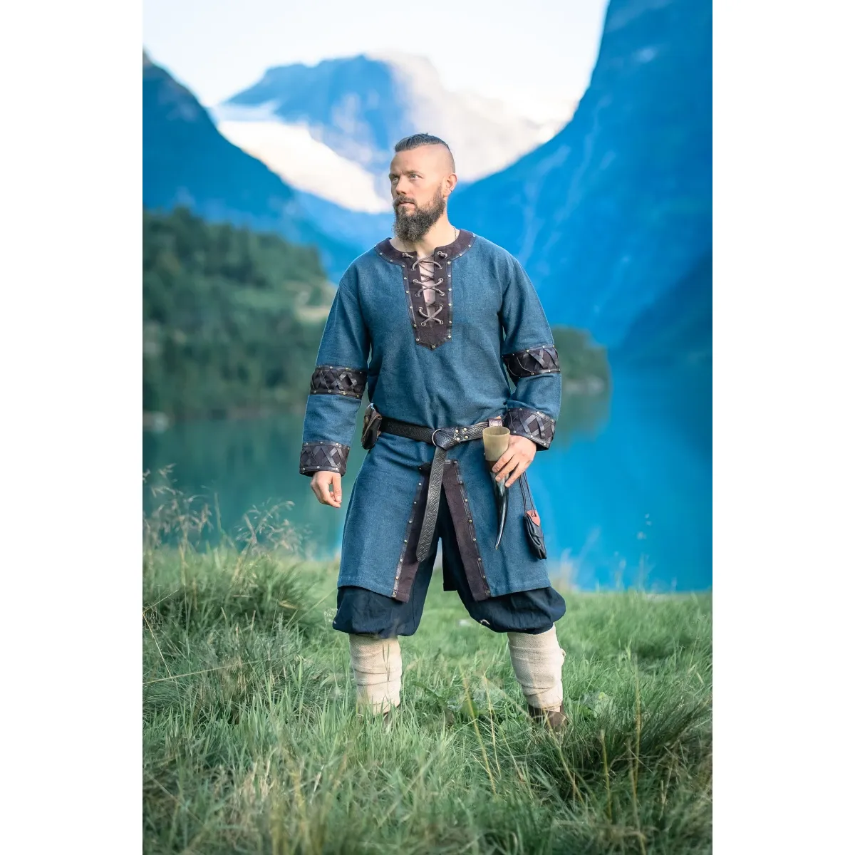 Túnica vikinga apliques de cuero azul hombre "Leif" L