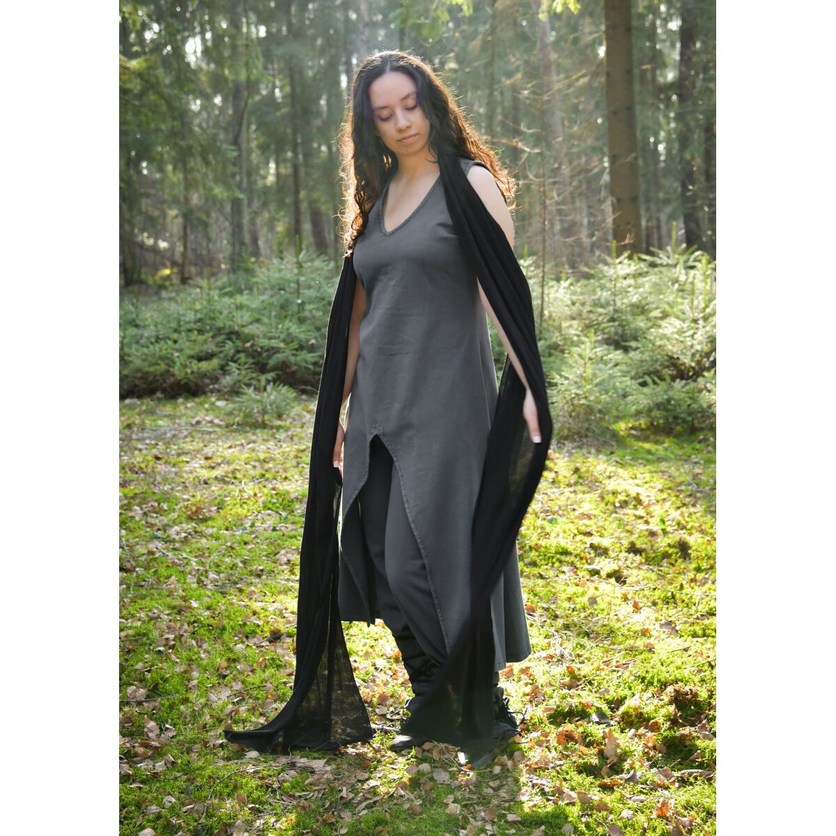 Vestido medieval gris sin mangas con pañuelo sarga "Ilora" XL