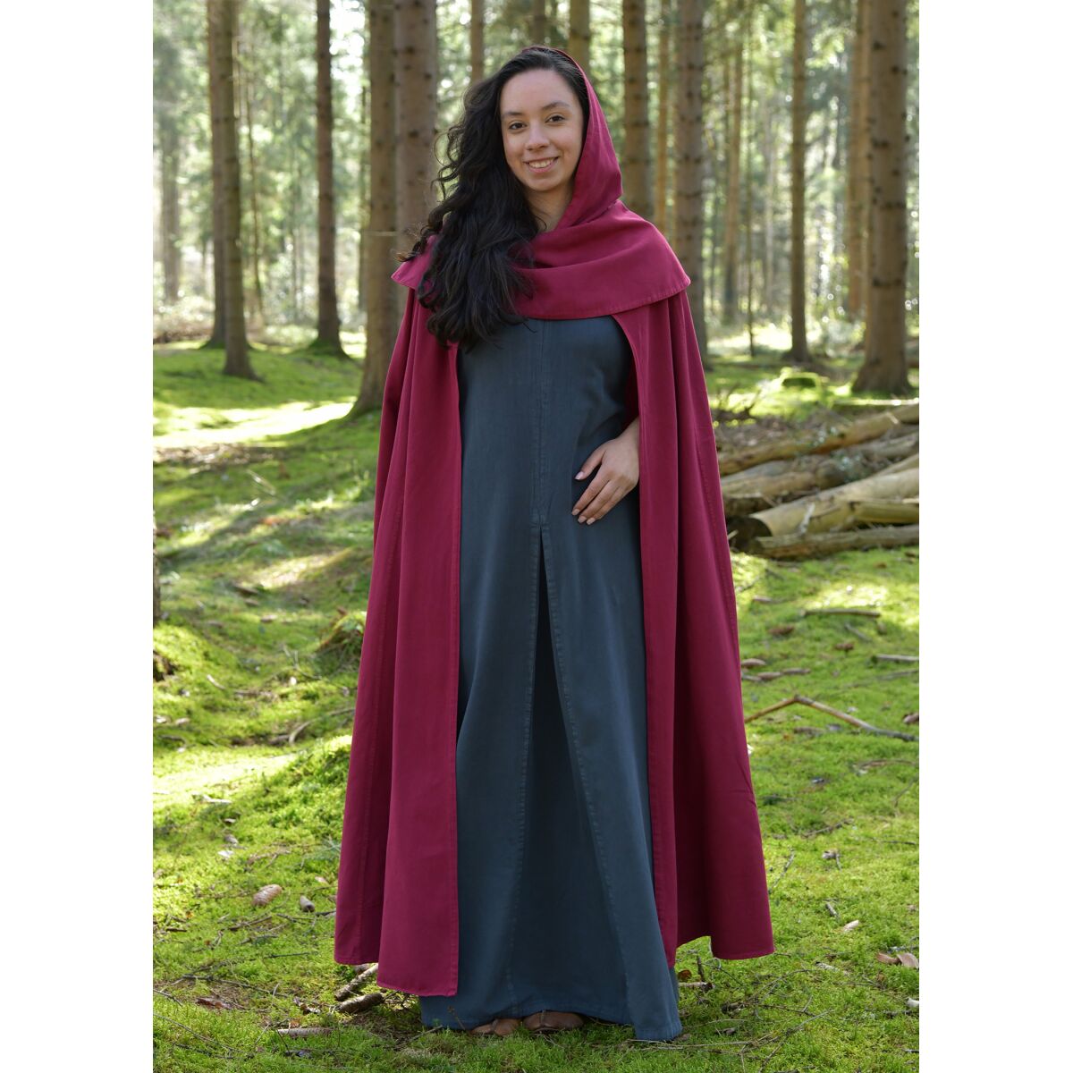 Capa medieval con capucha algodón usado look "Isen" rojo vino