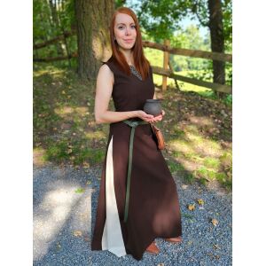 Vestido medieval sin mangas con cordones, marrón / natural «yute», talla S, artículo de segunda calidad