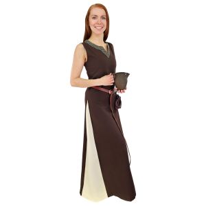 Vestido medieval sin mangas con cordones, marrón / natural «yute», talla S, artículo de segunda calidad