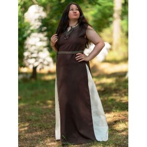 Vestido medieval sin mangas con cordones, marrón / natural «yute», talla S, artículo de segunda calidad