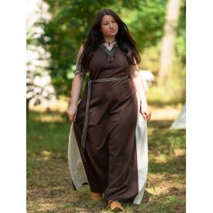 Vestido medieval sin mangas con cordones, marrón / natural «yute», talla S, artículo de segunda calidad