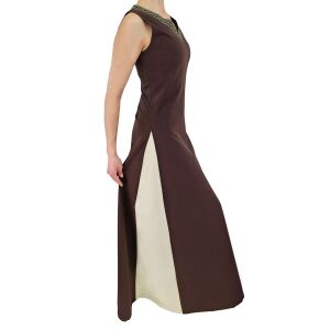 Vestido medieval sin mangas con cordones, marrón / natural «yute», talla S, artículo de segunda calidad