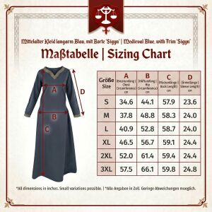 Vestido medieval de manga larga azul, con ribete «Sigyn» talla L, artículo de segunda calidad