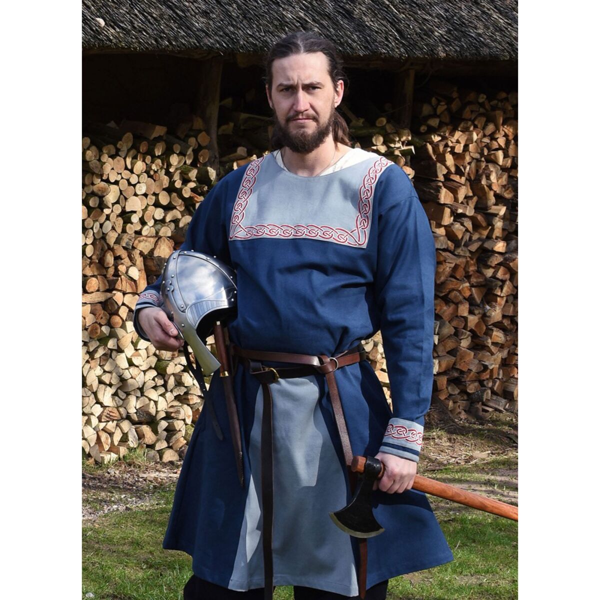 Túnica vikinga Halvar con bordado, azul XXL