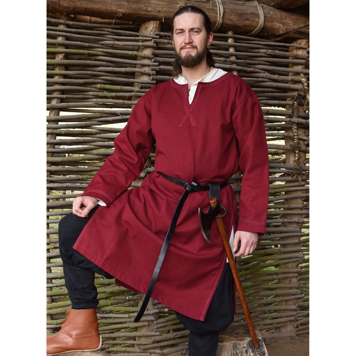 Túnica medieval Albrecht con trenza, mangas largas, rojo vino S