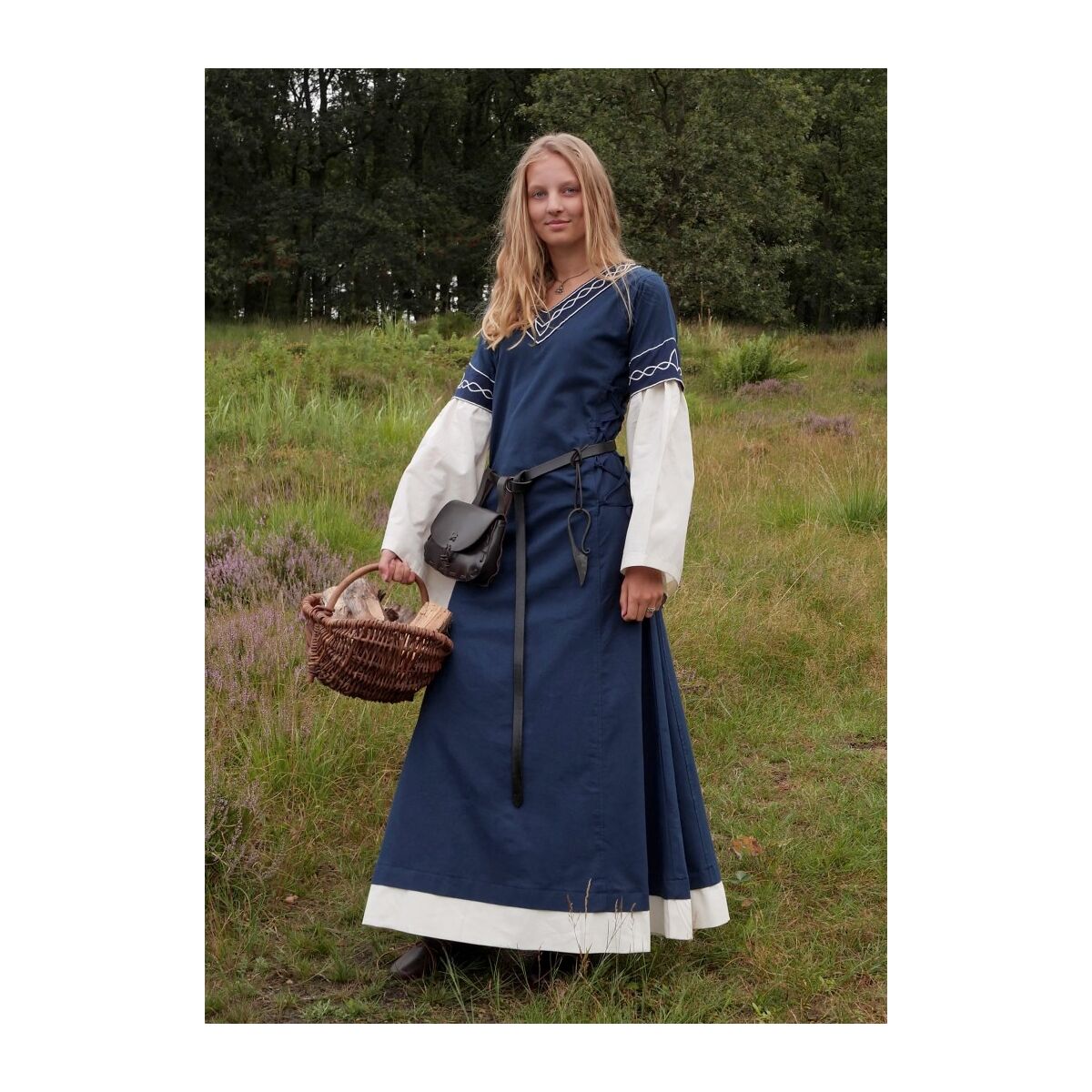 Vestido alto medieval Alvina con mangas trompeta azul/natural talla XXL