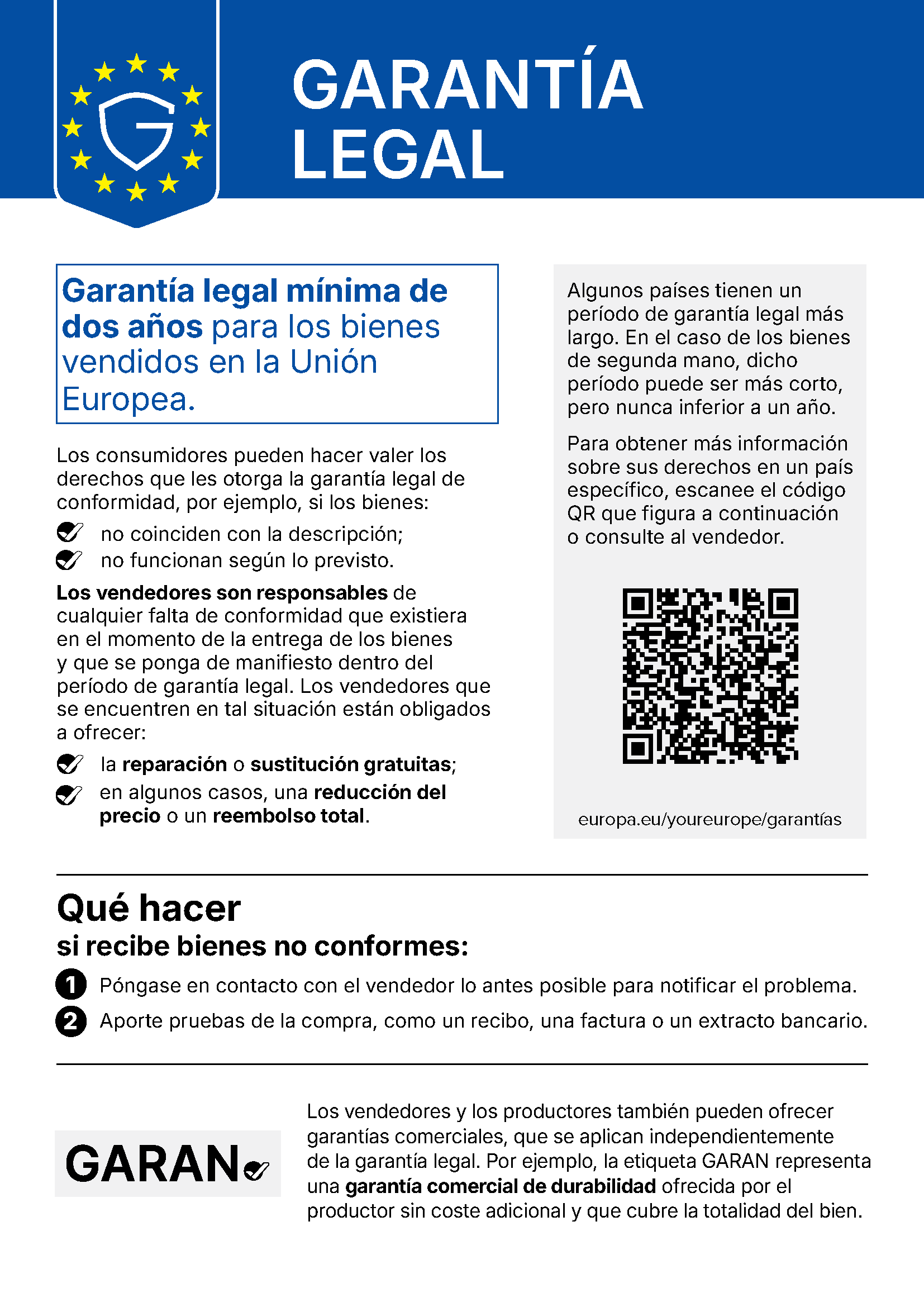 Aviso oficial de la UE sobre la garantía legal: garantía legal mínima de dos años para los bienes vendidos en la Unión Europea.